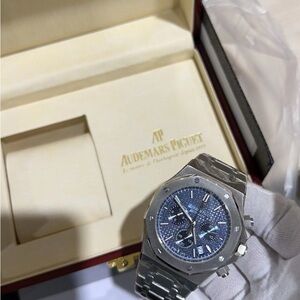 Silver Watch with Textured Blue Dial